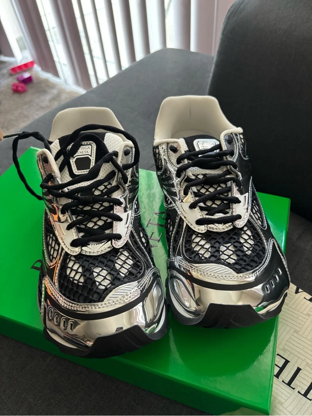 (Exclusive) Bottega Men Metallic Silver & Black Mesh Sneakers